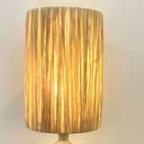 XXL Vintage Lamp Base in Beige Grey Stoneware with Raffia Lampshade 1970