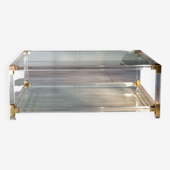 Table basse verre, plexiglas et laiton, 1970-80