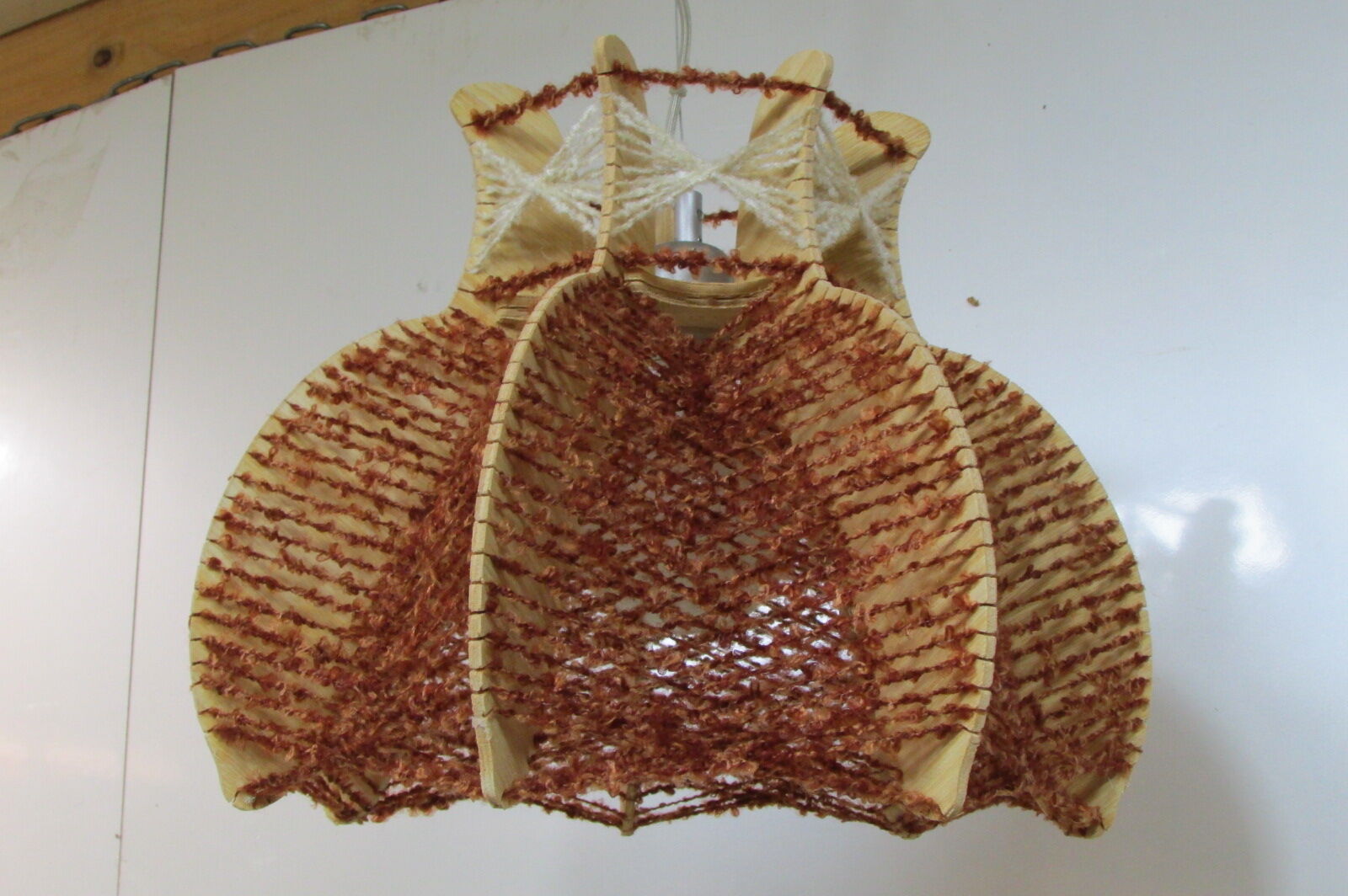 Scandinavian pendant lamp, wood and stretched wire, 1960s