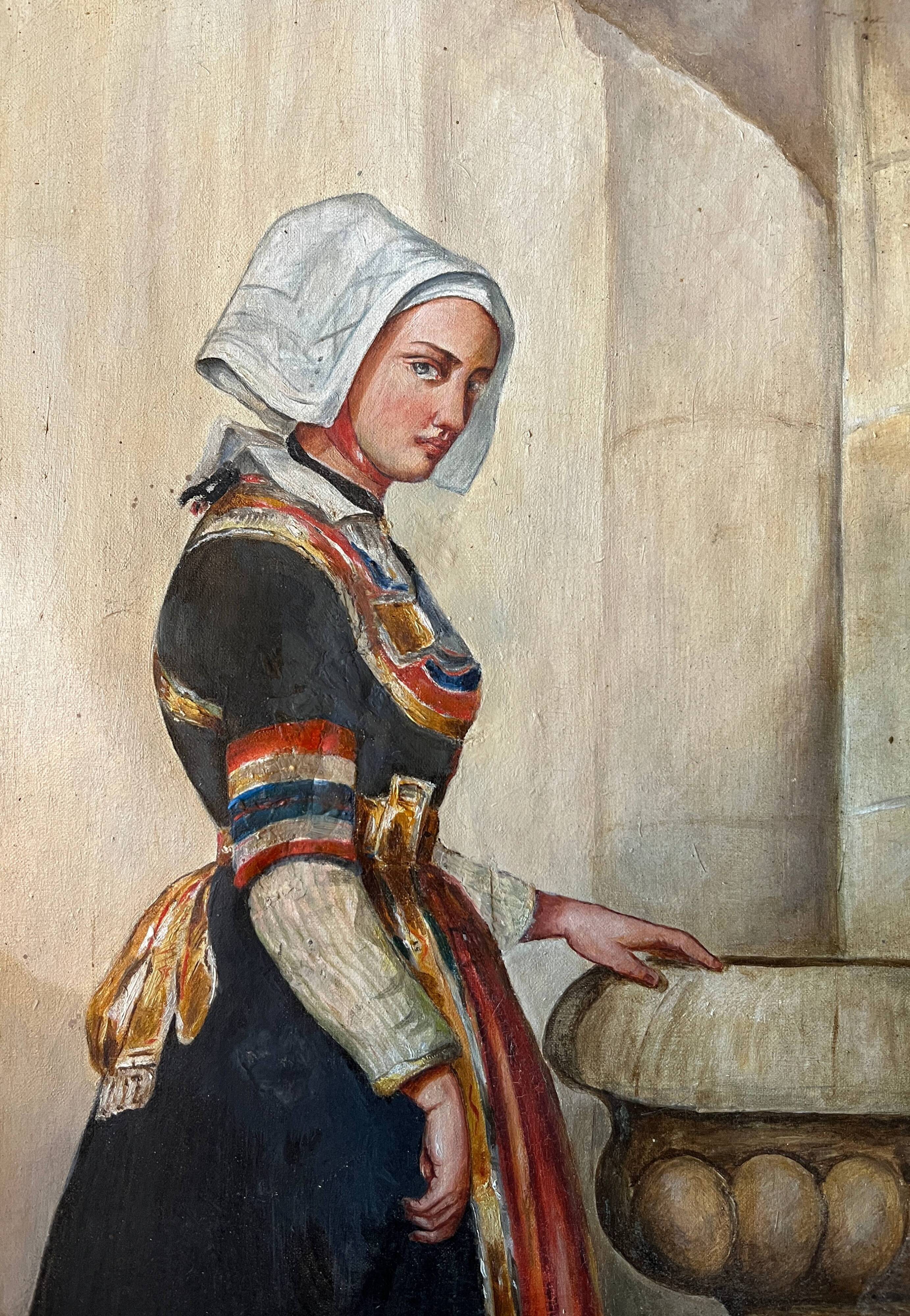 HST painting "Portrait of a young woman in traditional costume" 19th century