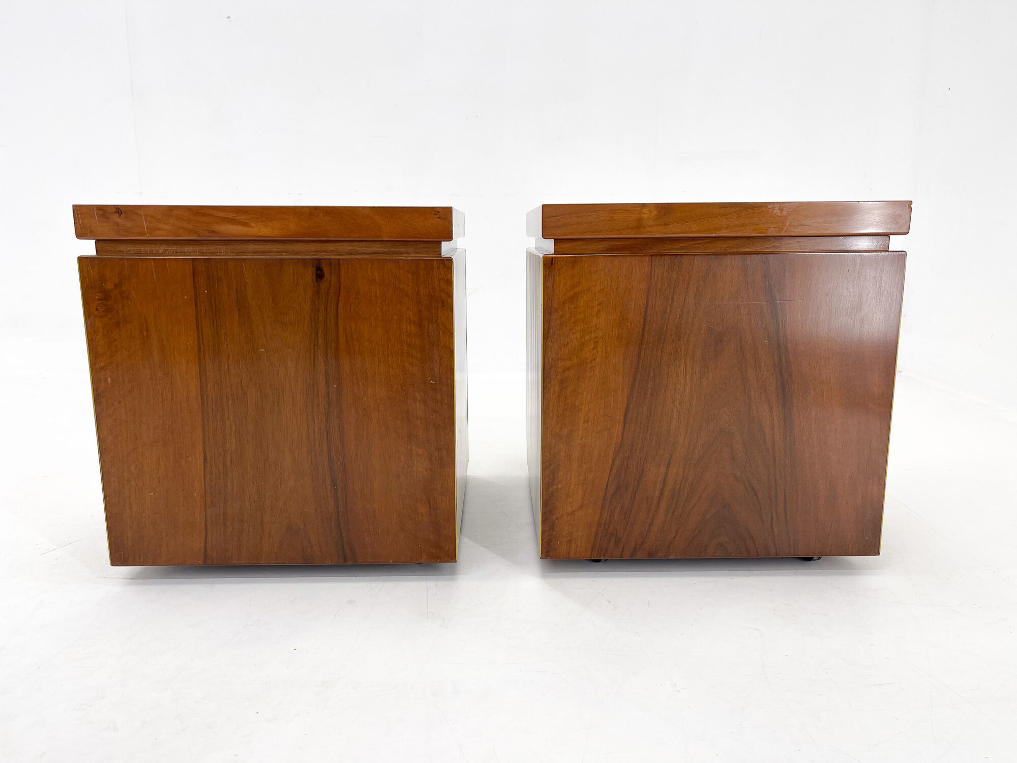Set of walnut veneer side or night tables with brass detail, Italy 1950s