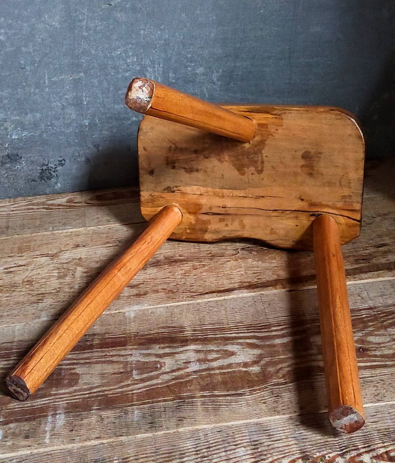 Solid wood tripod stool from the 50s
