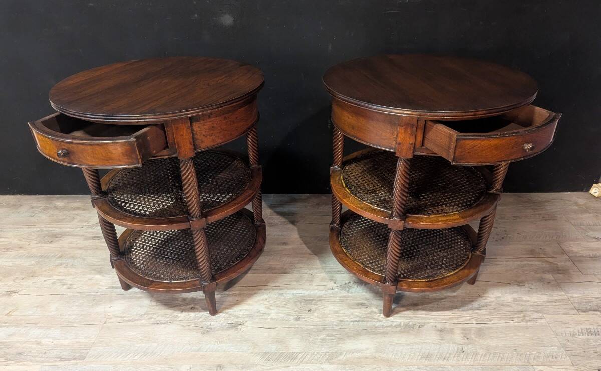 Pair of oval mahogany side tables with caned shelves – 19th century