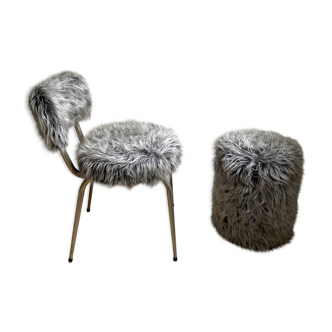 Vintage chair and pouf in the style of Pelfran, gray long-haired synthetic fur