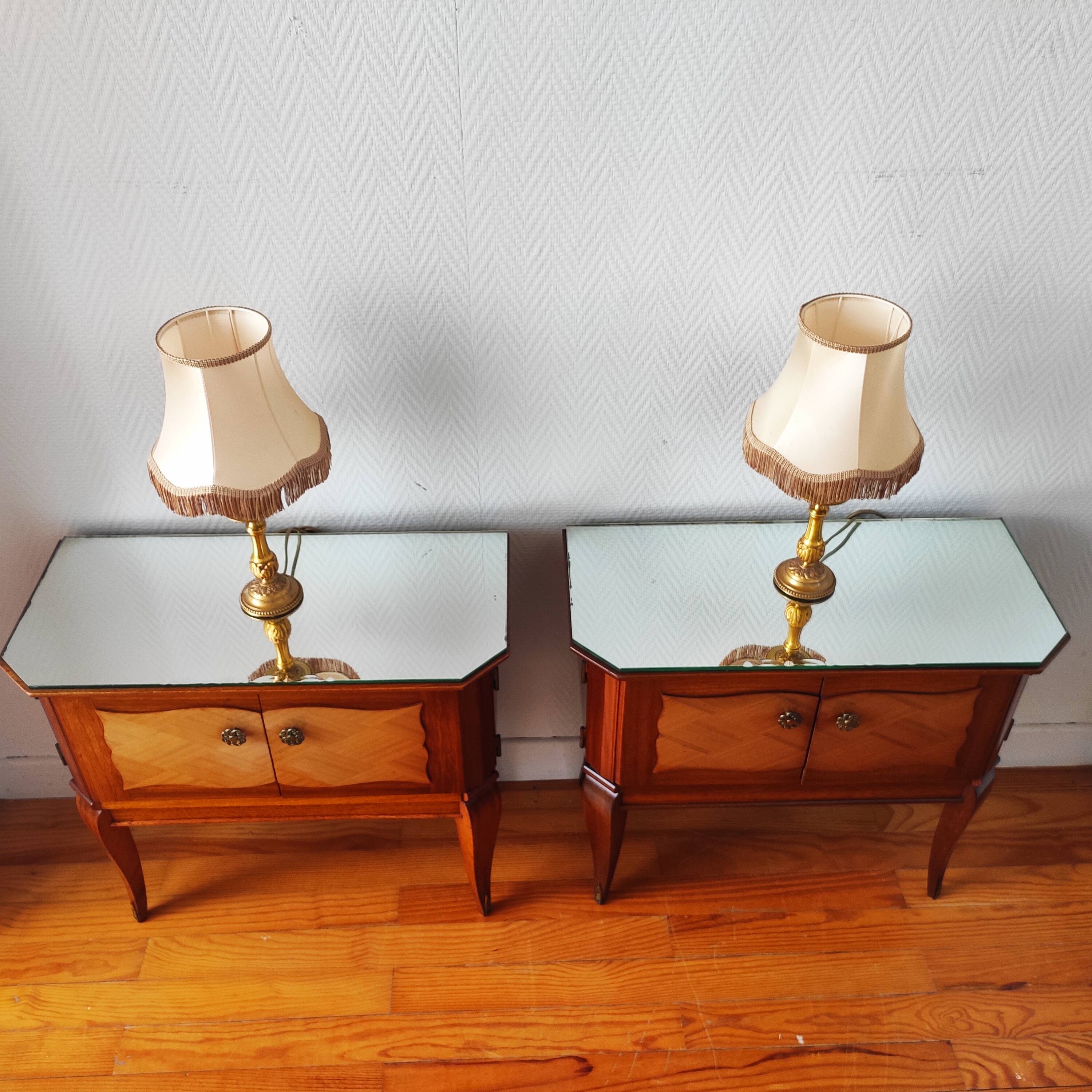 Pair of Art Deco bedside tables, mirrored top.