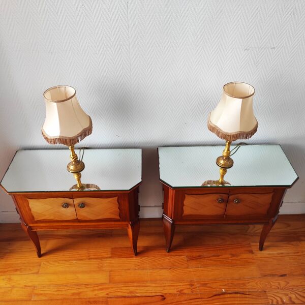 Paire de tables de chevet Art déco, plateau miroir