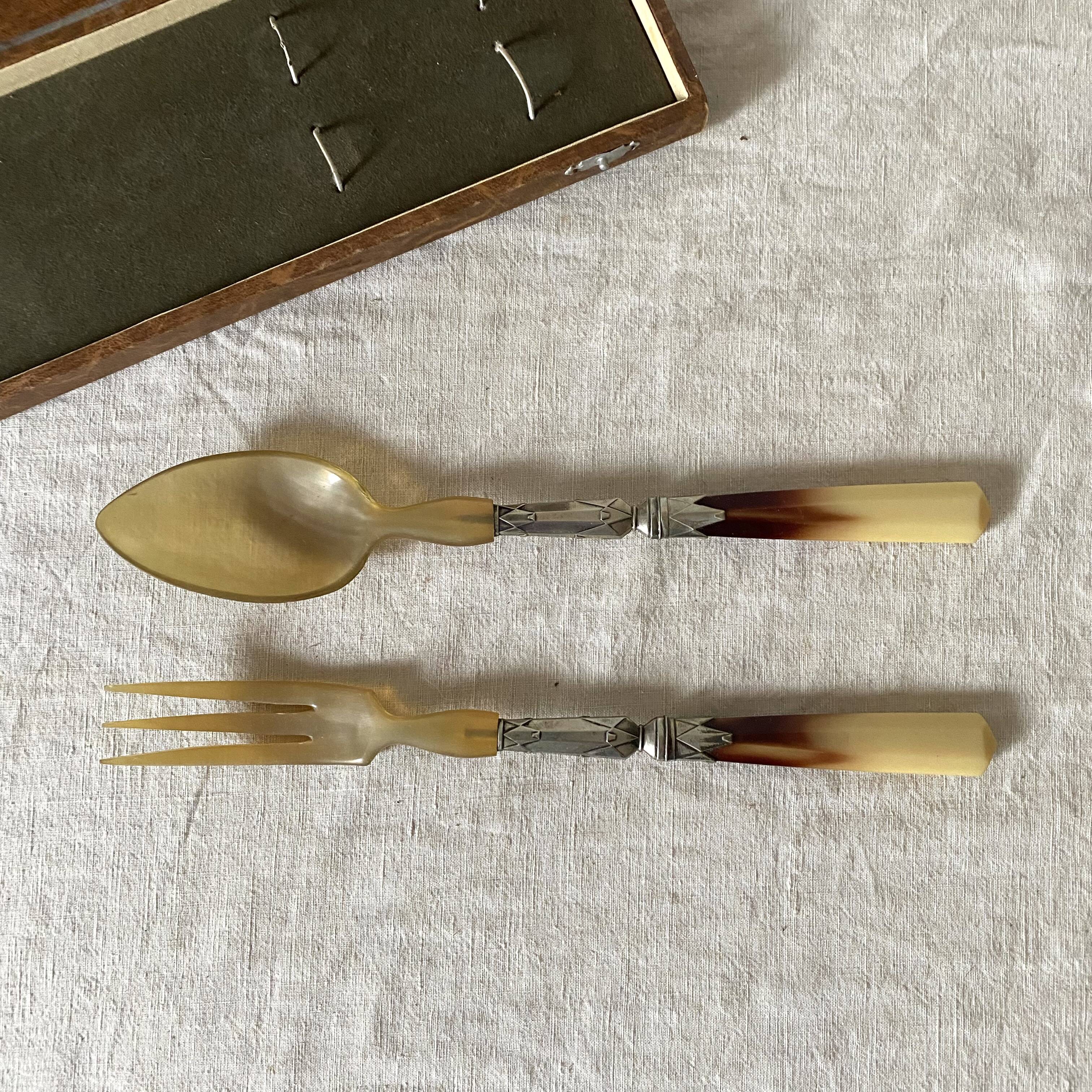 Antique silver plated and horn salad servers