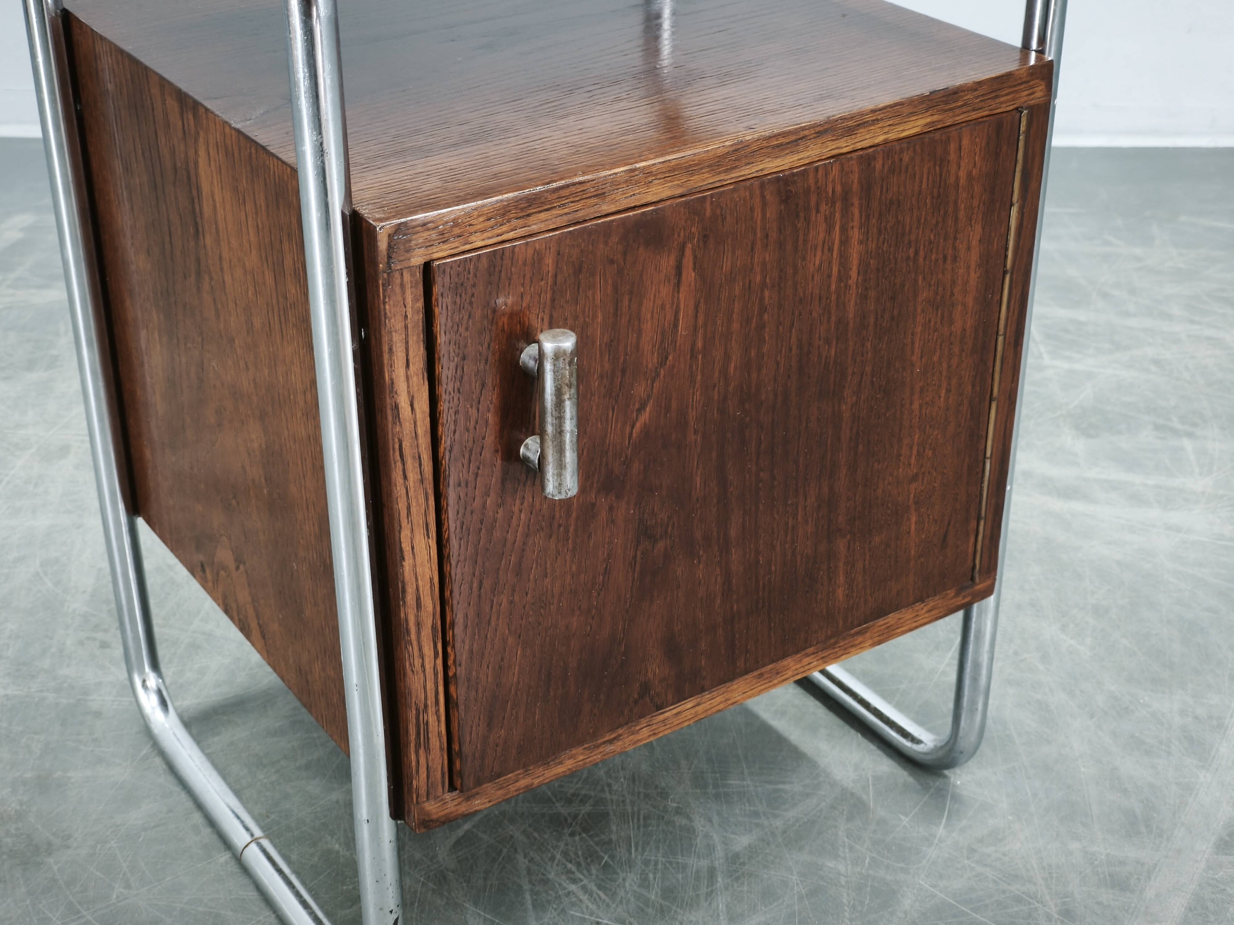 Bauhaus Oak and Chrome Tubular Nightstand, Czechoslovakia 1940s