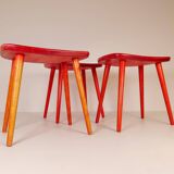 Swedish stools in red lacquered birch, Yngve Ekström "Palle", 1970s