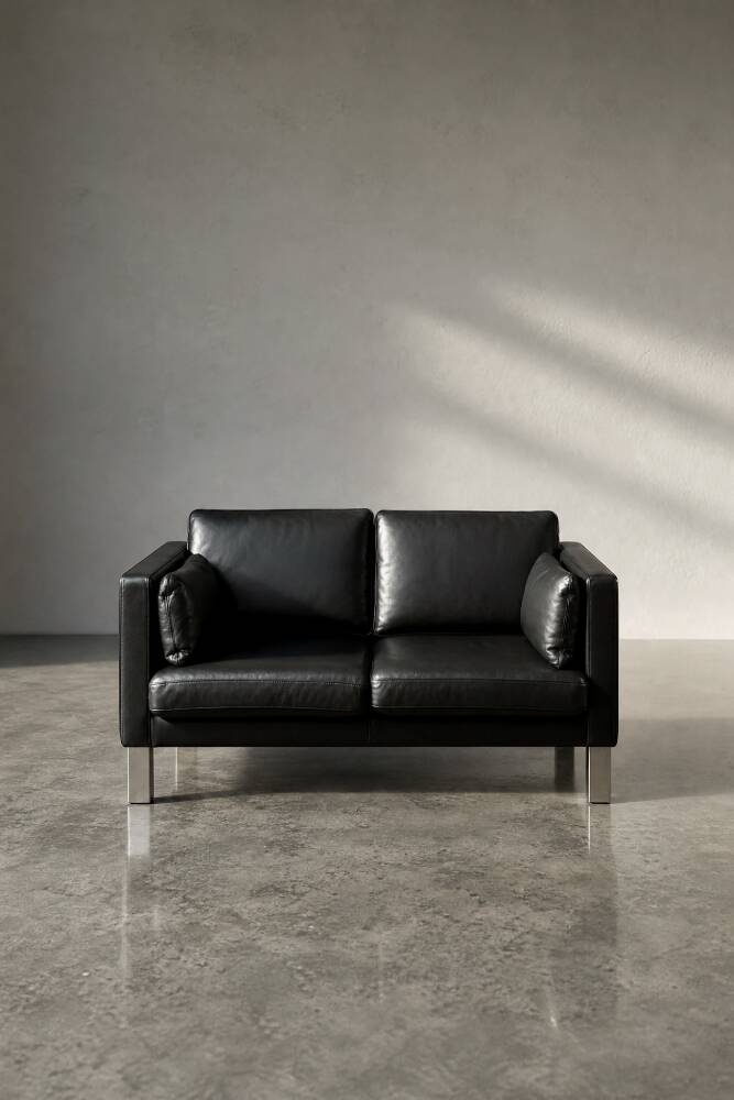 Vintage Mid-Century Danish Modern Two-Seater Black Leather Sofa, 1970s