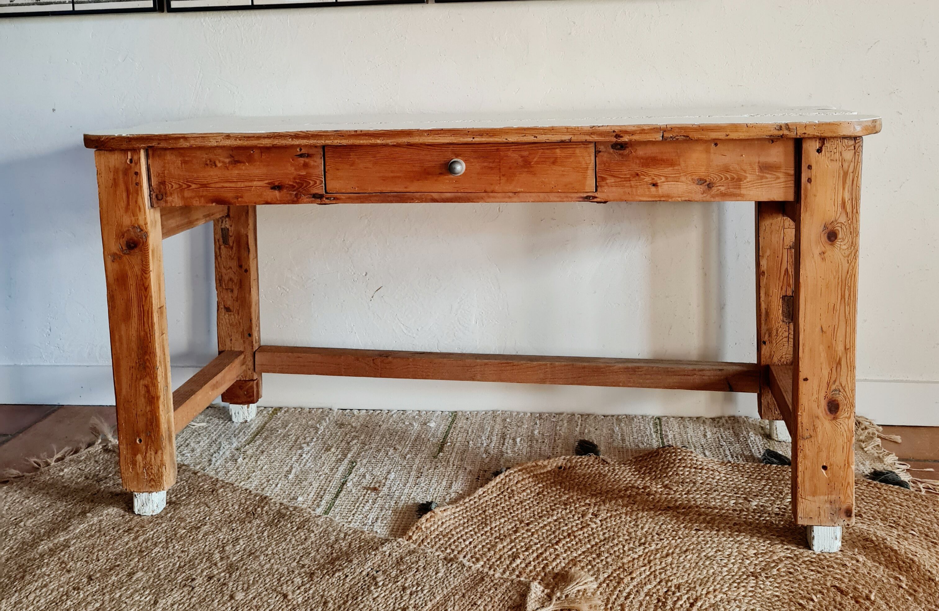 Table d'atelier bureau de métier en bois 1 tiroir plateau blanc