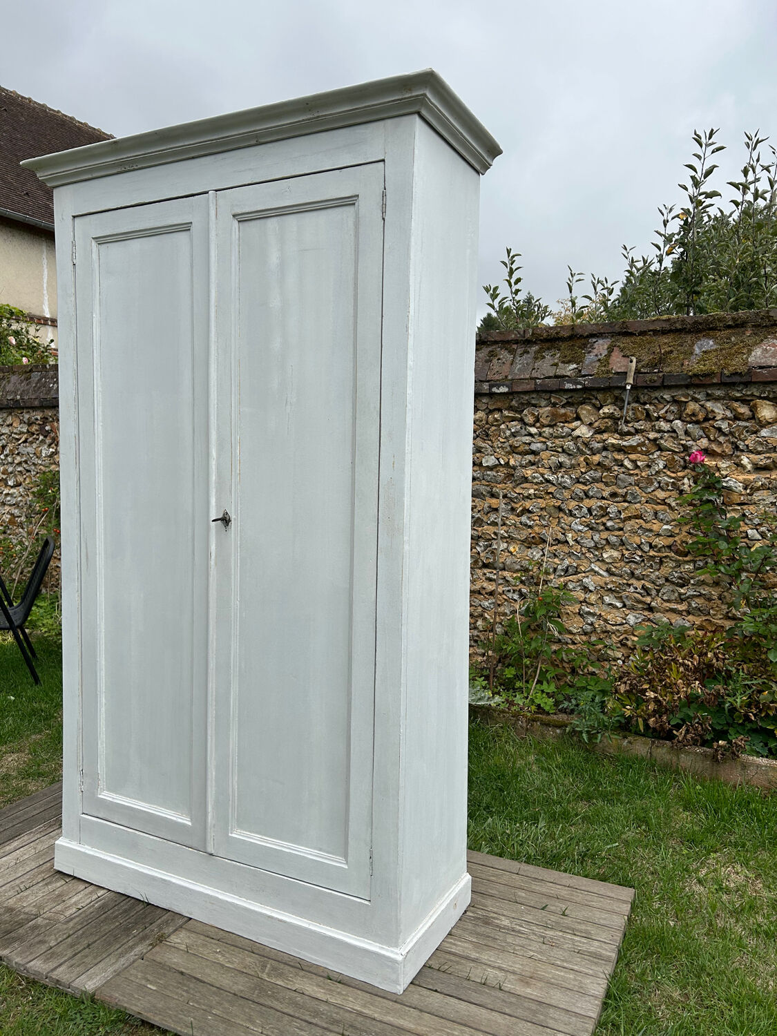 Antique Parisian wardrobe with white patina