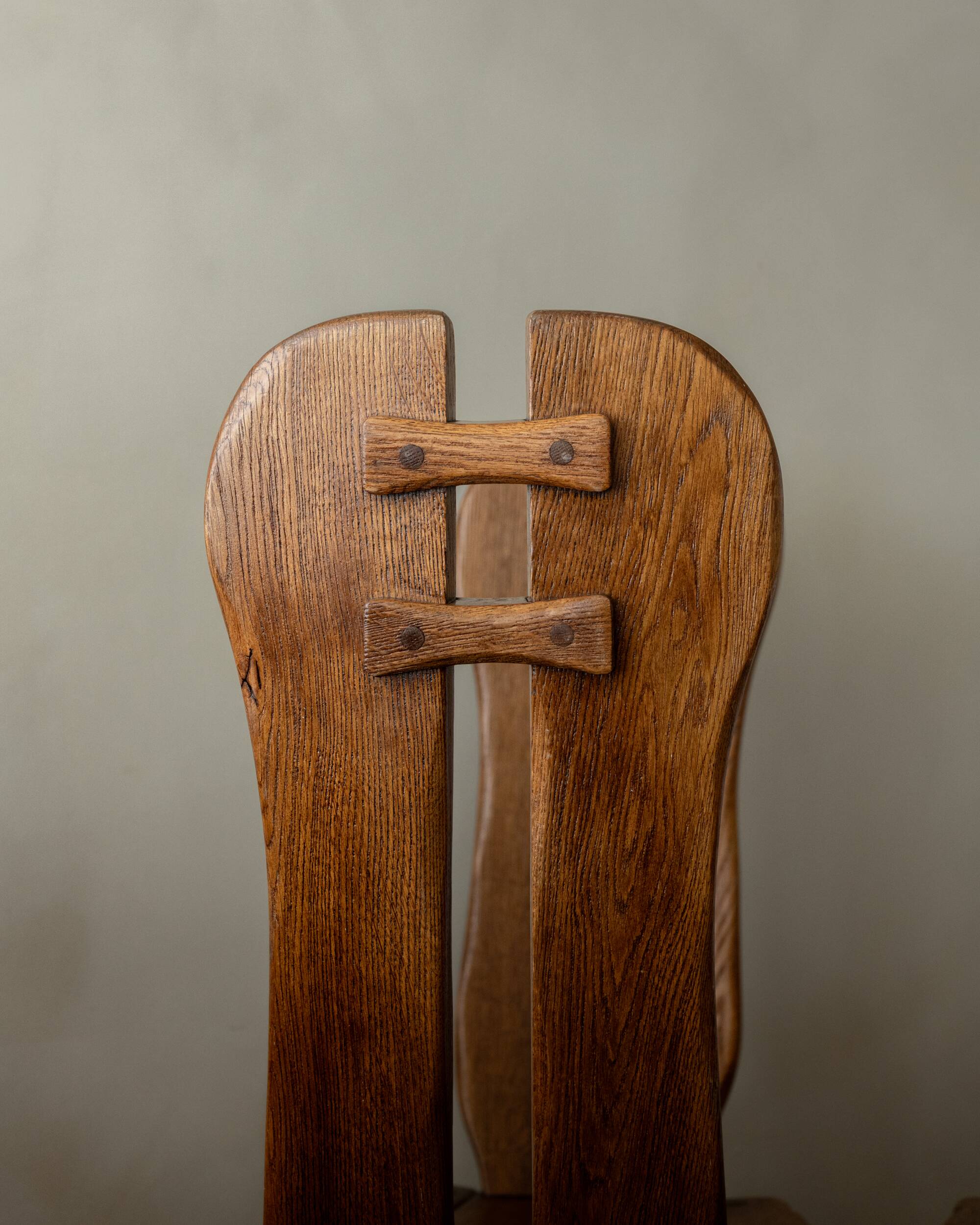 Brutalist Oak Dining Chairs Sculptural Backs by De Puydt, 1960s, Set of 4