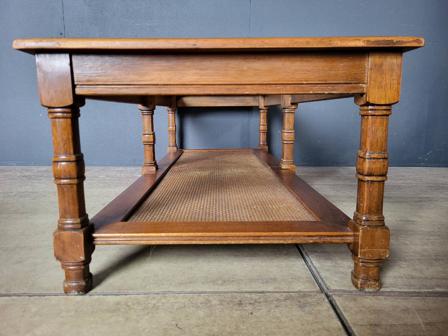 Authentic old coffee table in solid wood and rattan, beveled glass top