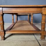 Authentic old coffee table in solid wood and rattan, beveled glass top