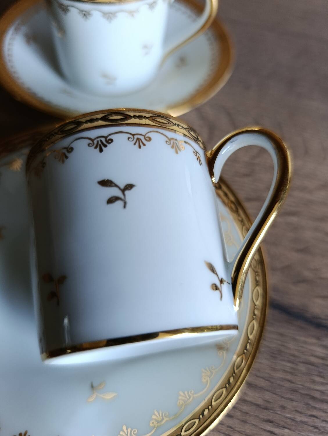 3 litre cups and saucers Empire gilded porcelain, Limoges 1950