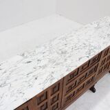 Buffet brutaliste espagnol en bois massif et marbre