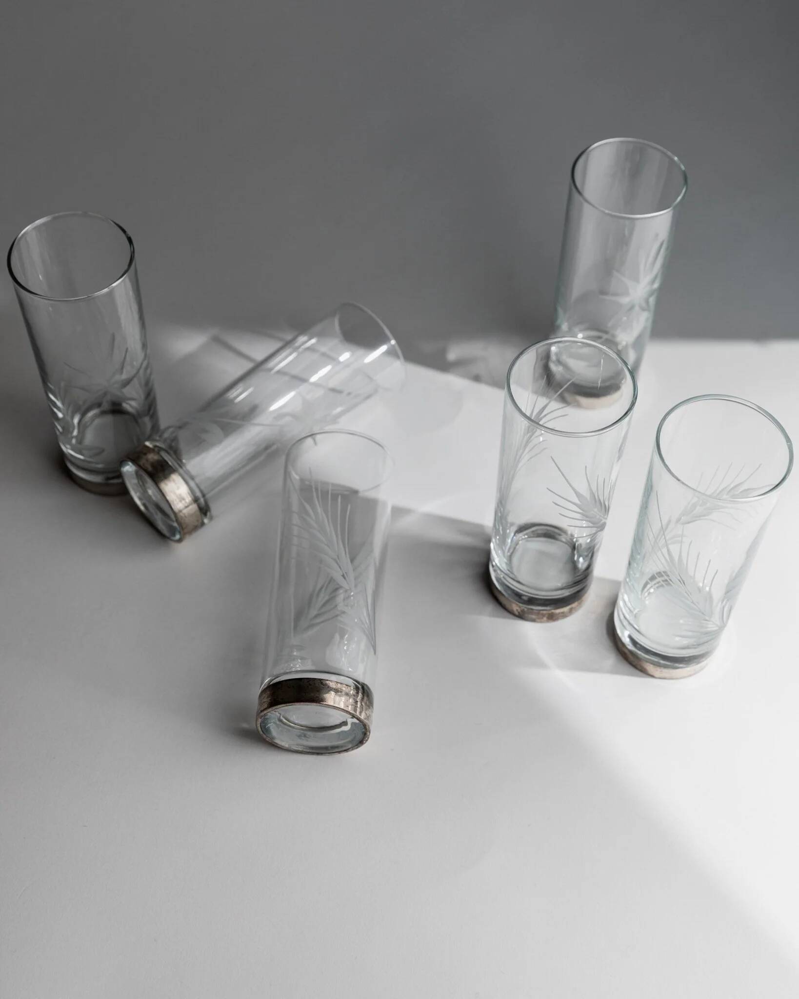 Silver Base Clear Glass Set of 6 - Italian 1960s Etched Wheat and Floral Design