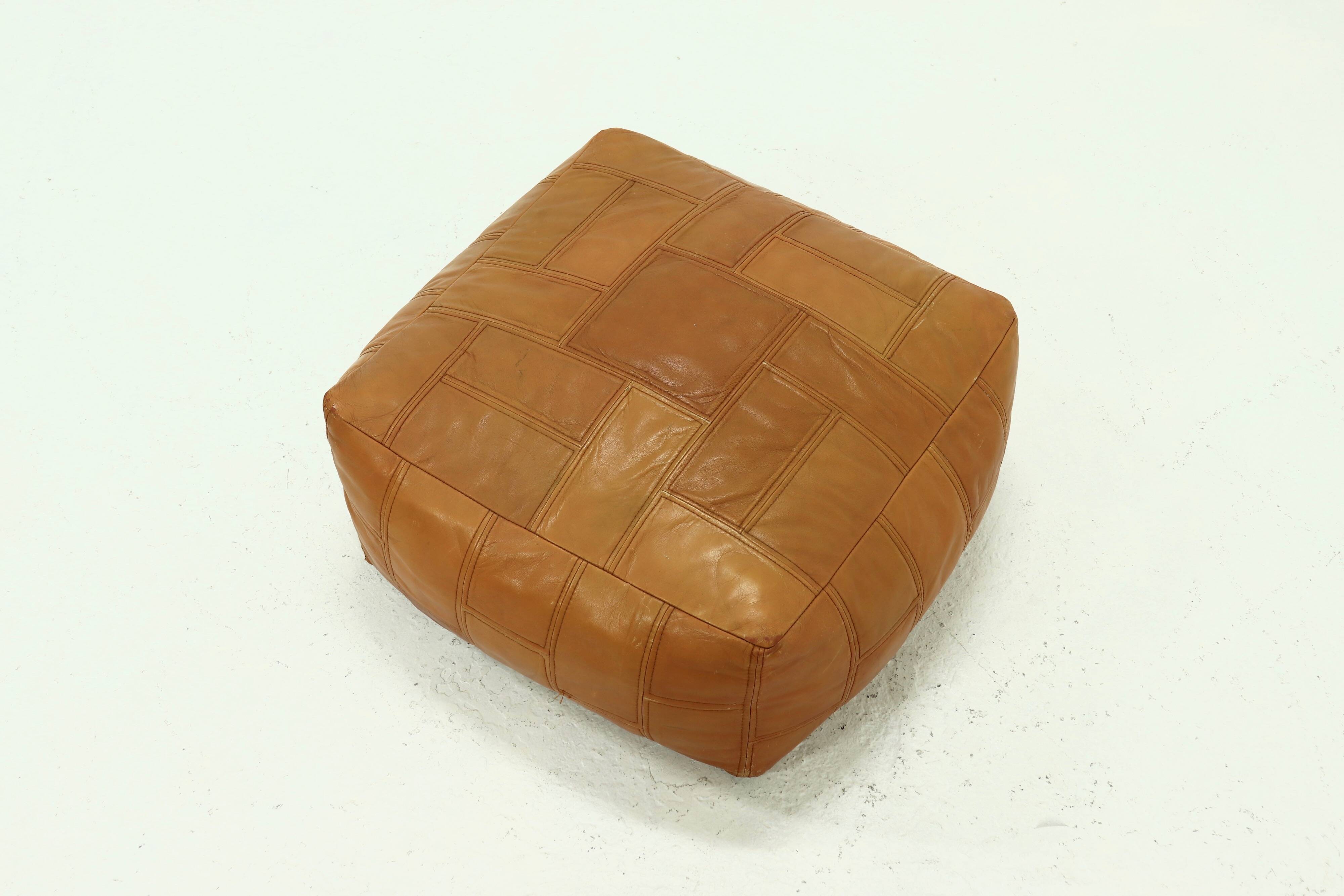 Mid-Century Patchwork Cognac Leather Pouf, 1970s