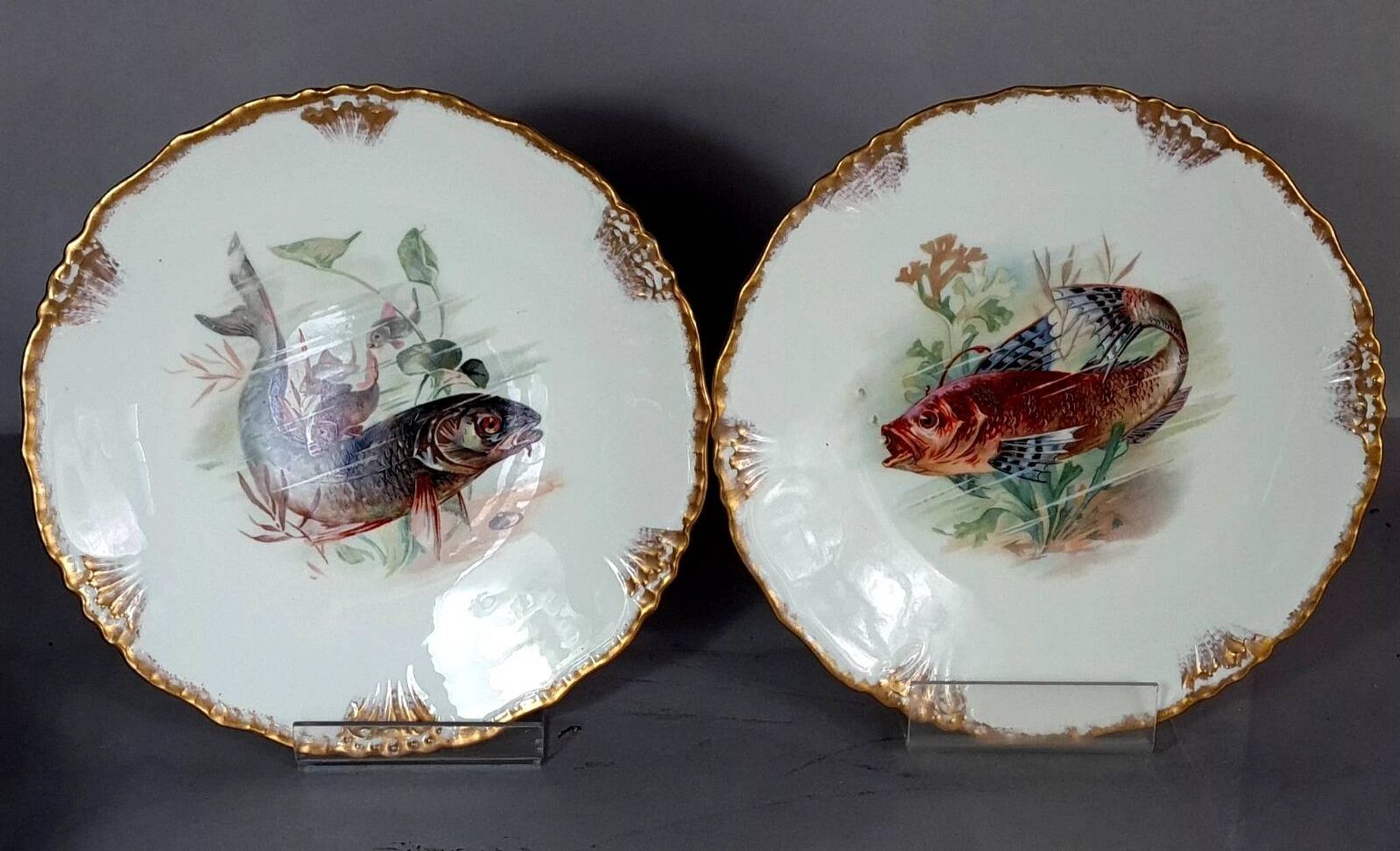 Antique fish service J. Pouyat porcelain Limoges plate 61 cm, 8 plates