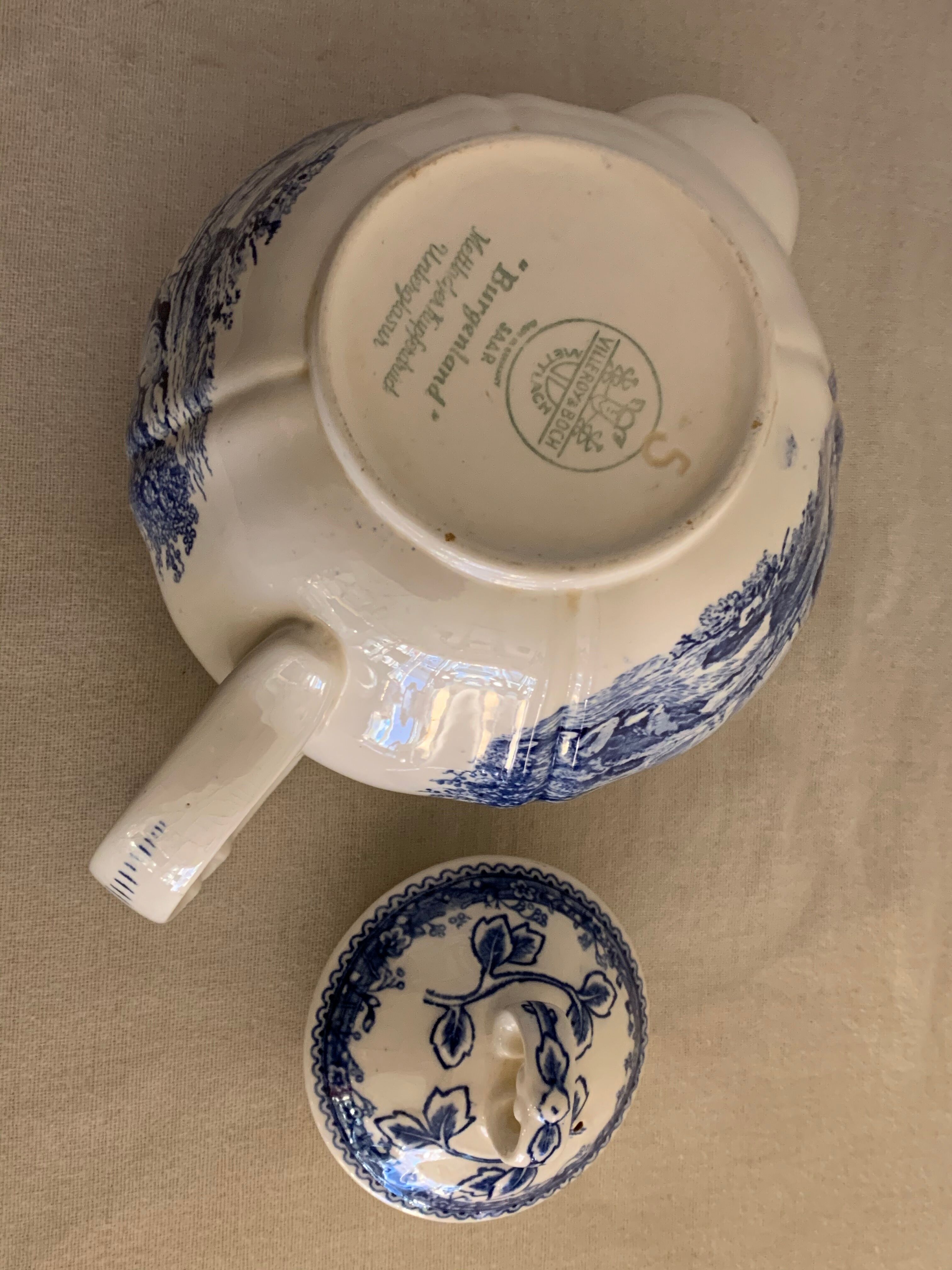 Old teapot with blue and white lid Villeroy and Boch Burgenland
