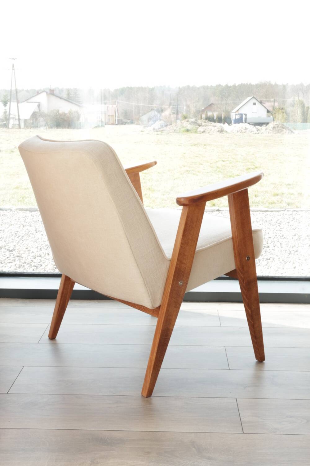Vintage armchair in natural ecru linen, model 366