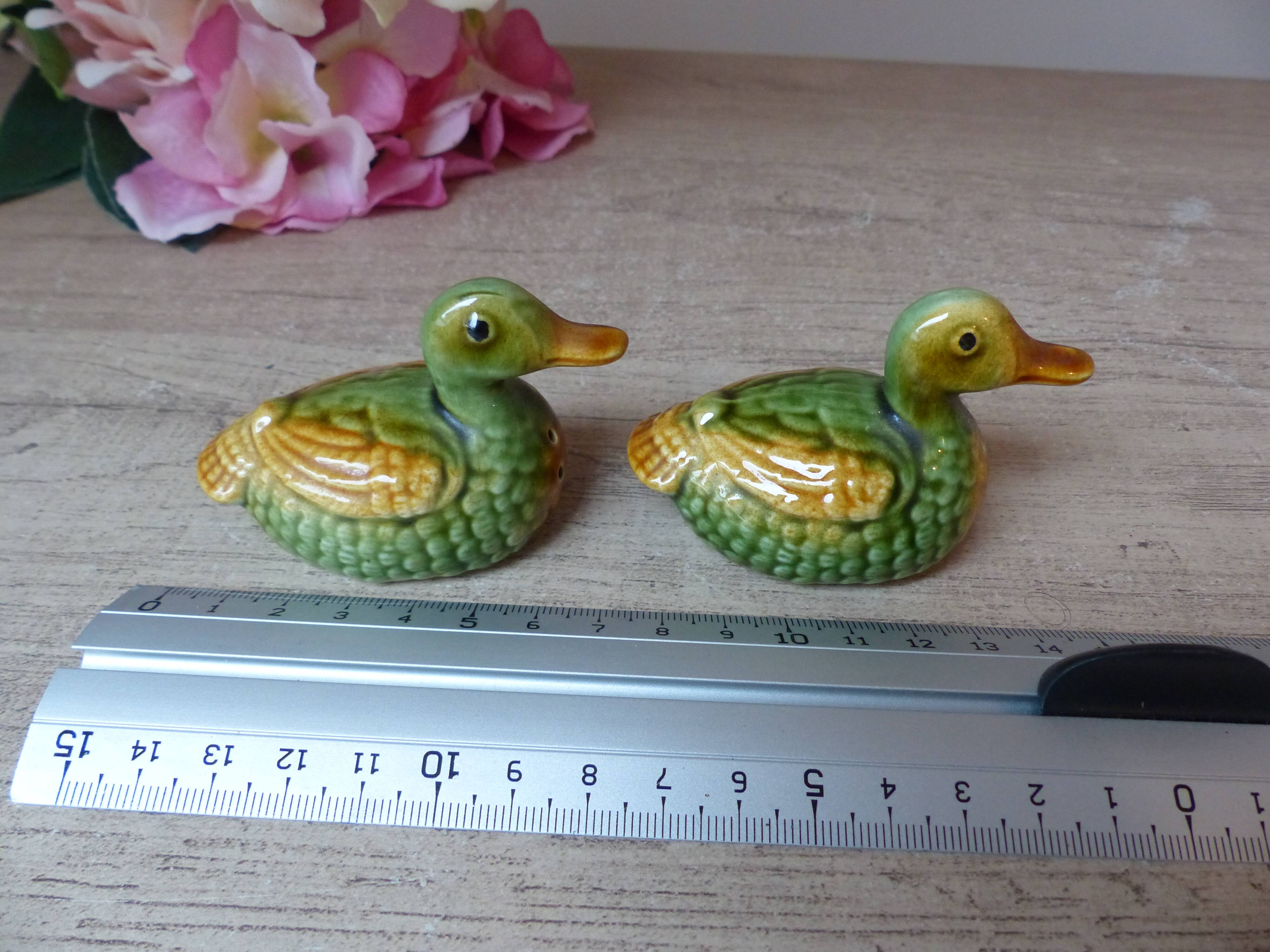 Ensemble salière et poivrière en forme de canards barbotine verts et jaunes vintage