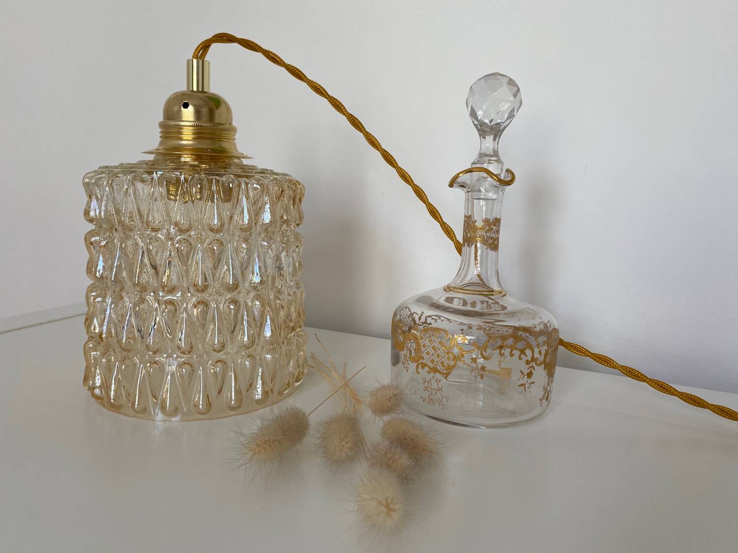 Walking lamp (or pendant light) with vintage amber glass globe