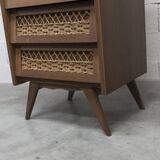 Oak and rattan compass leg chiffonier from the 50s-60s