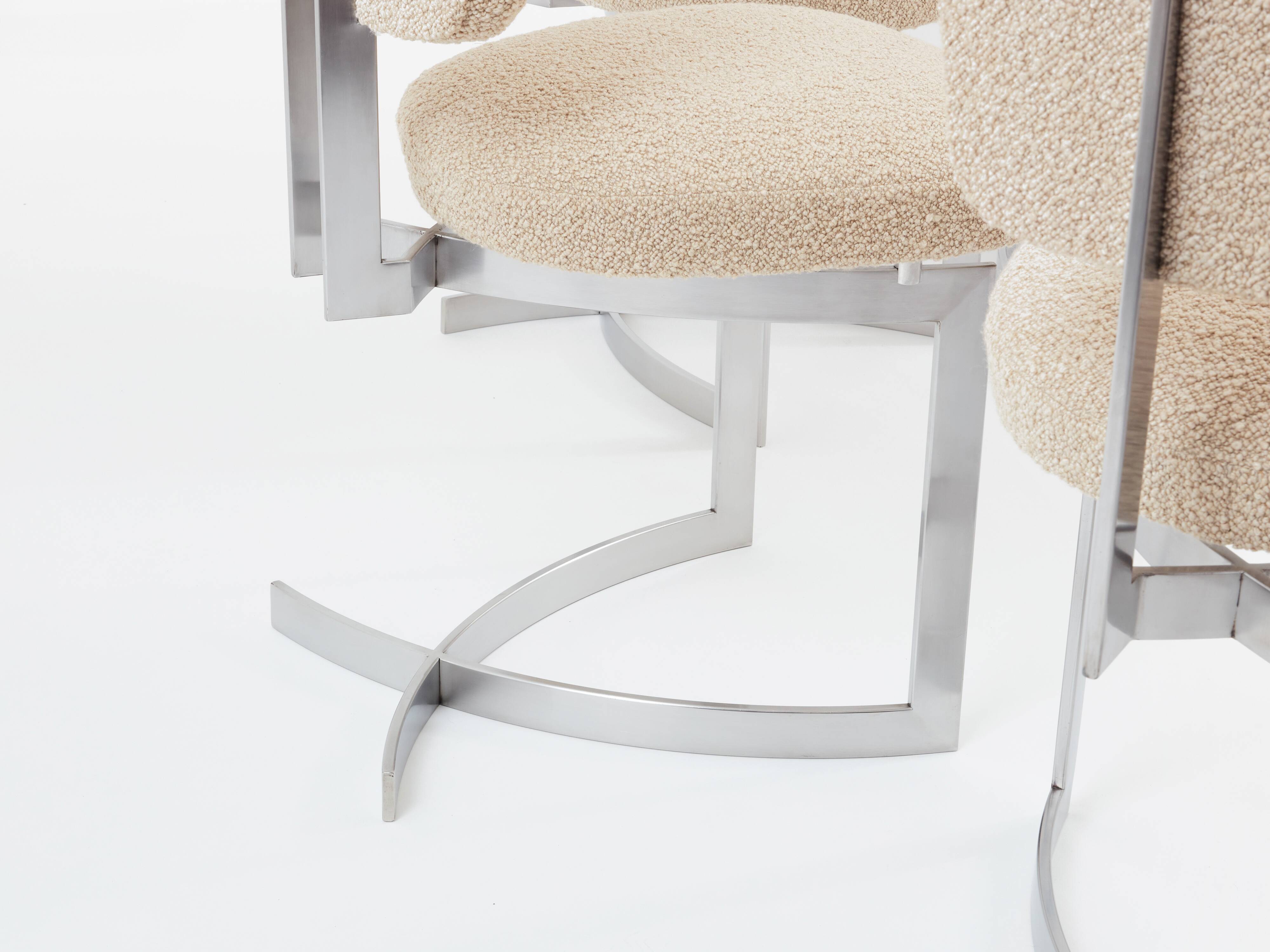 Paul Legeard set of 12 stainless steel and curly wool chairs 1970