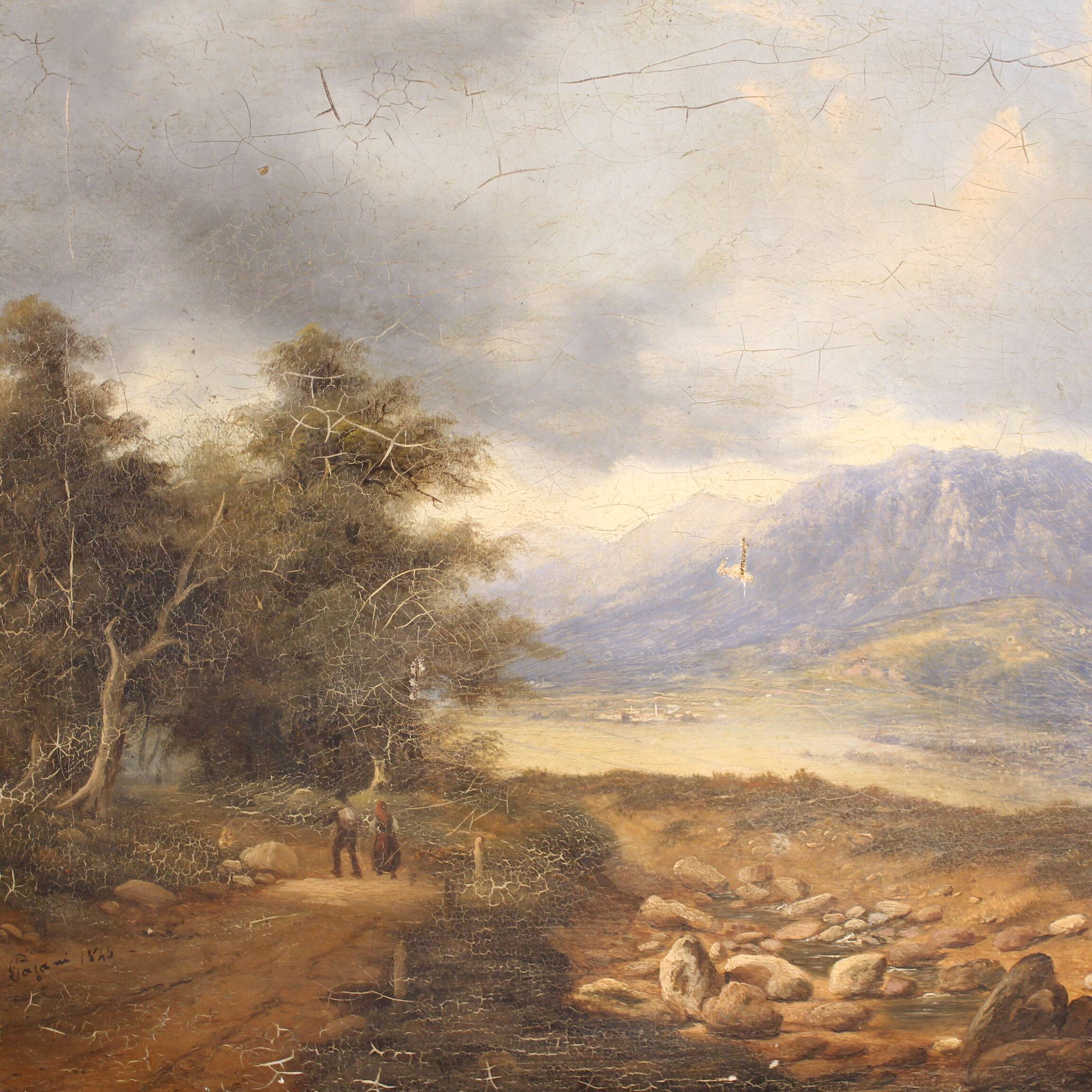 Italian landscape with wayfarers, oil on canvas dated 1845