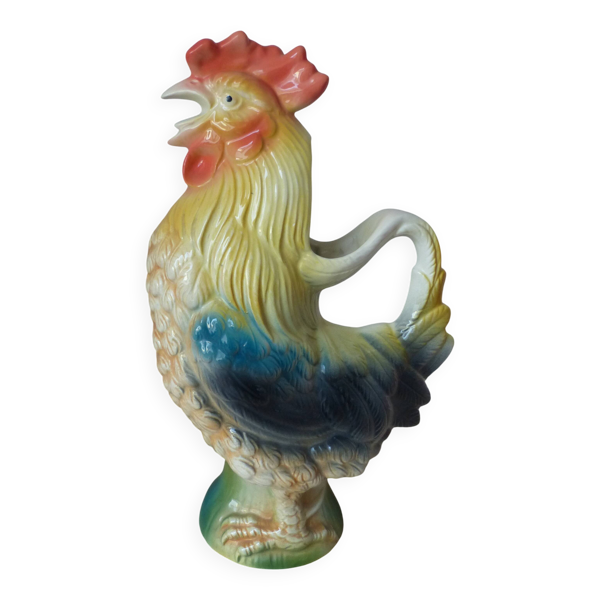 Pichet en barbotine coq vintage – couleurs douces jaune et bleu, vintage