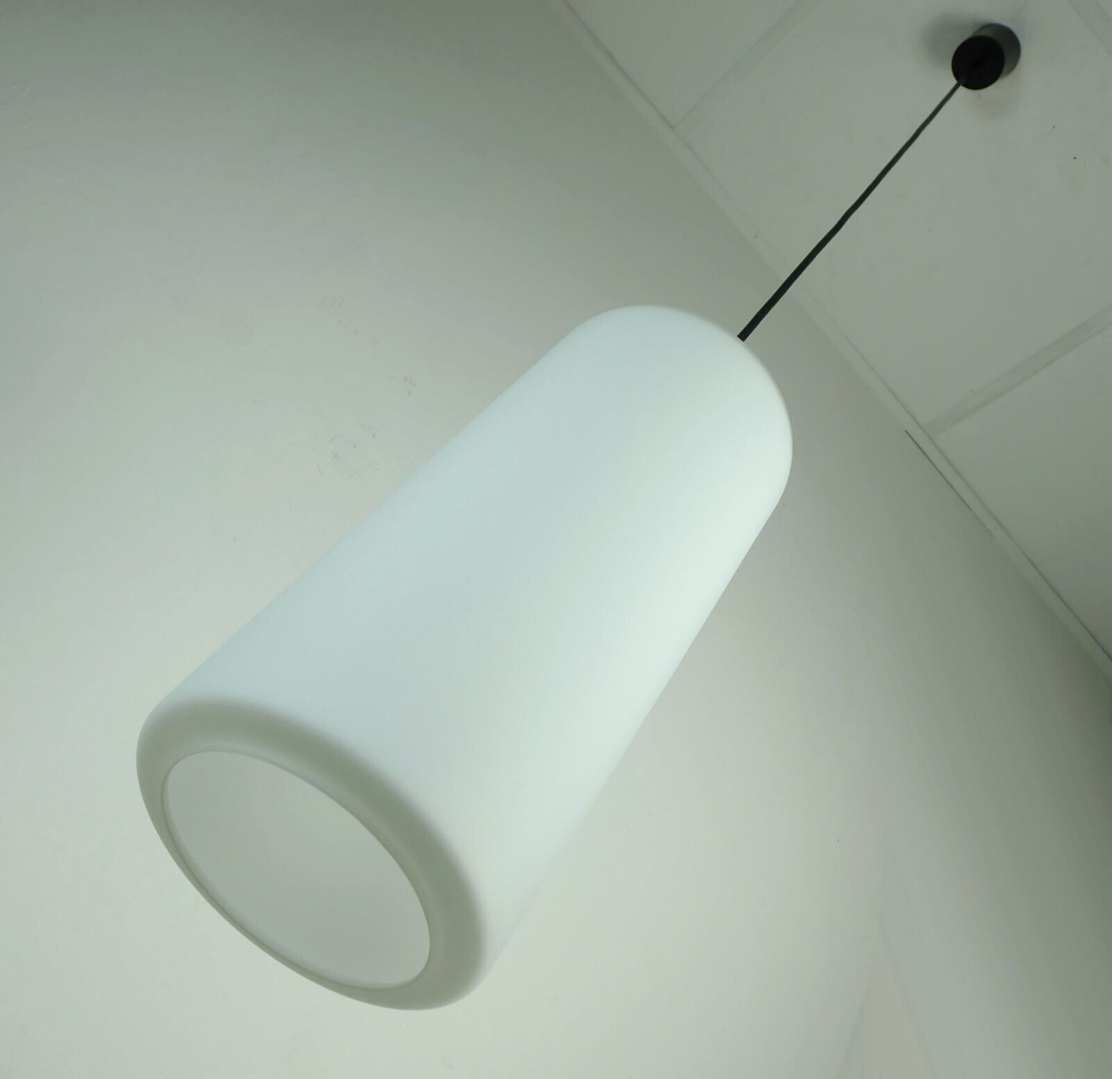 Glashuette Limburg pendant light white cylindrical glass shade and chrome 1970s - 2 available