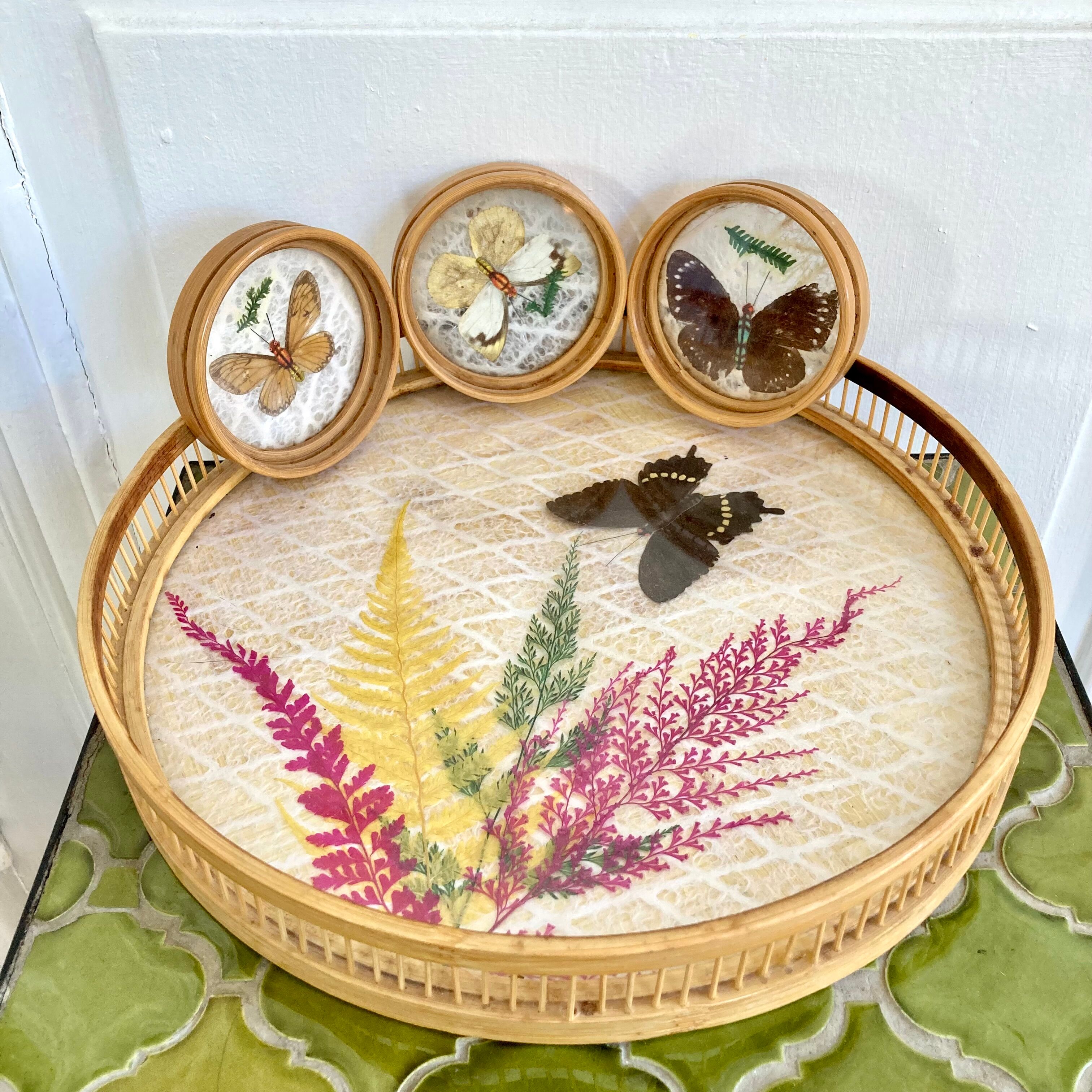 Bamboo butterfly tray and 6 vintage coasters