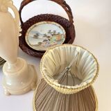 Varnished alabaster lamp, new fabric cable, mesh lampshade