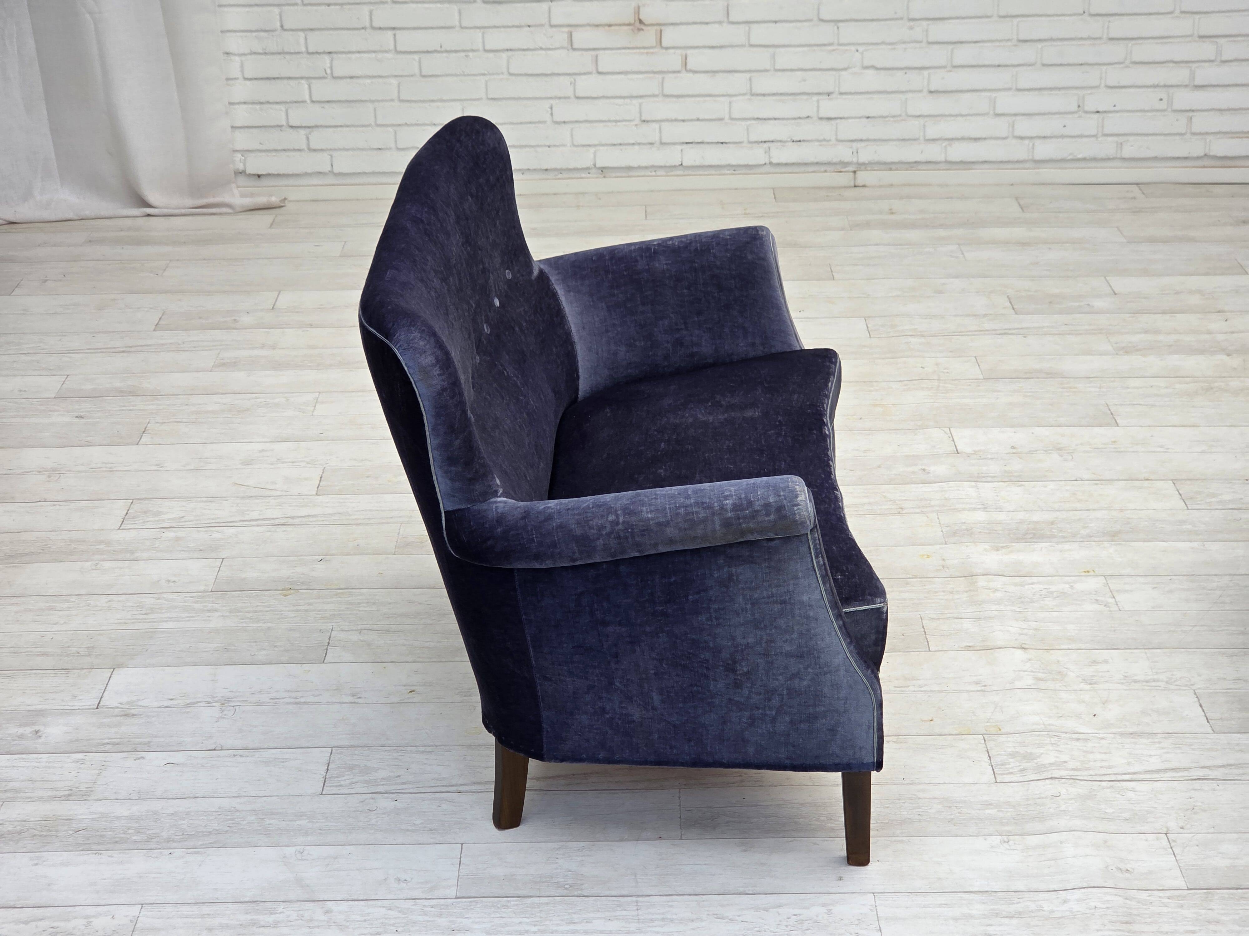 1960s, Danish 2-seater sofa, original blue furniture velour, beech wood.