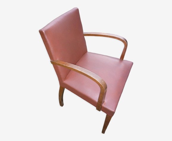Fauteuil bridge marron clair et bois des années 40-50