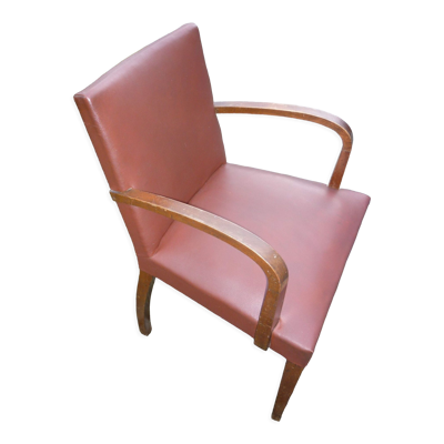 Fauteuil bridge marron clair et bois des années 40-50