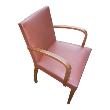 Fauteuil bridge marron clair et bois des années 40-50