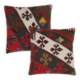 A Pair of Atique Turkish Flatweabe Kilim Cushion Cover, Geometric Pillow