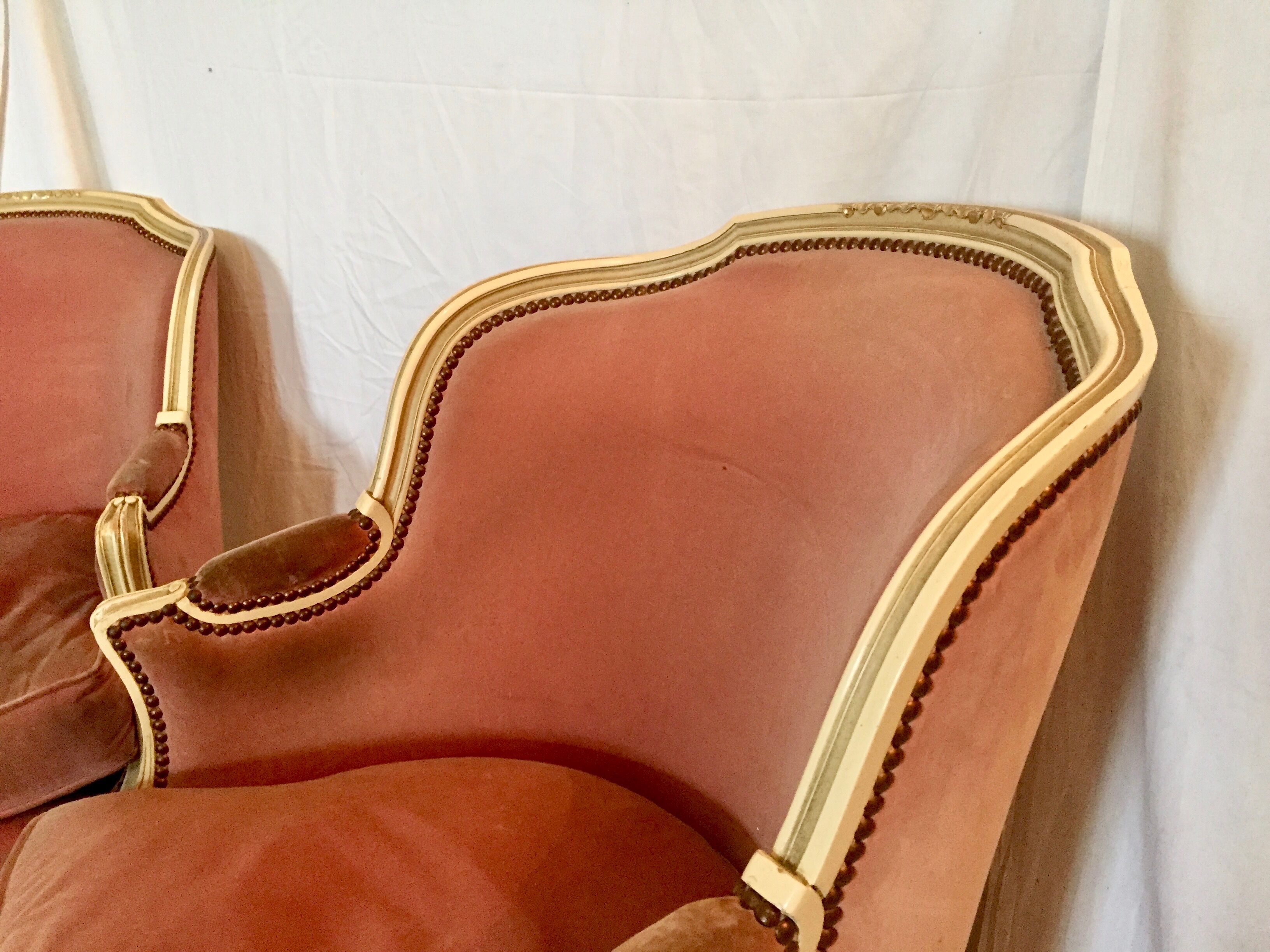 Pair of armchairs in wood and velvet, early 20th century