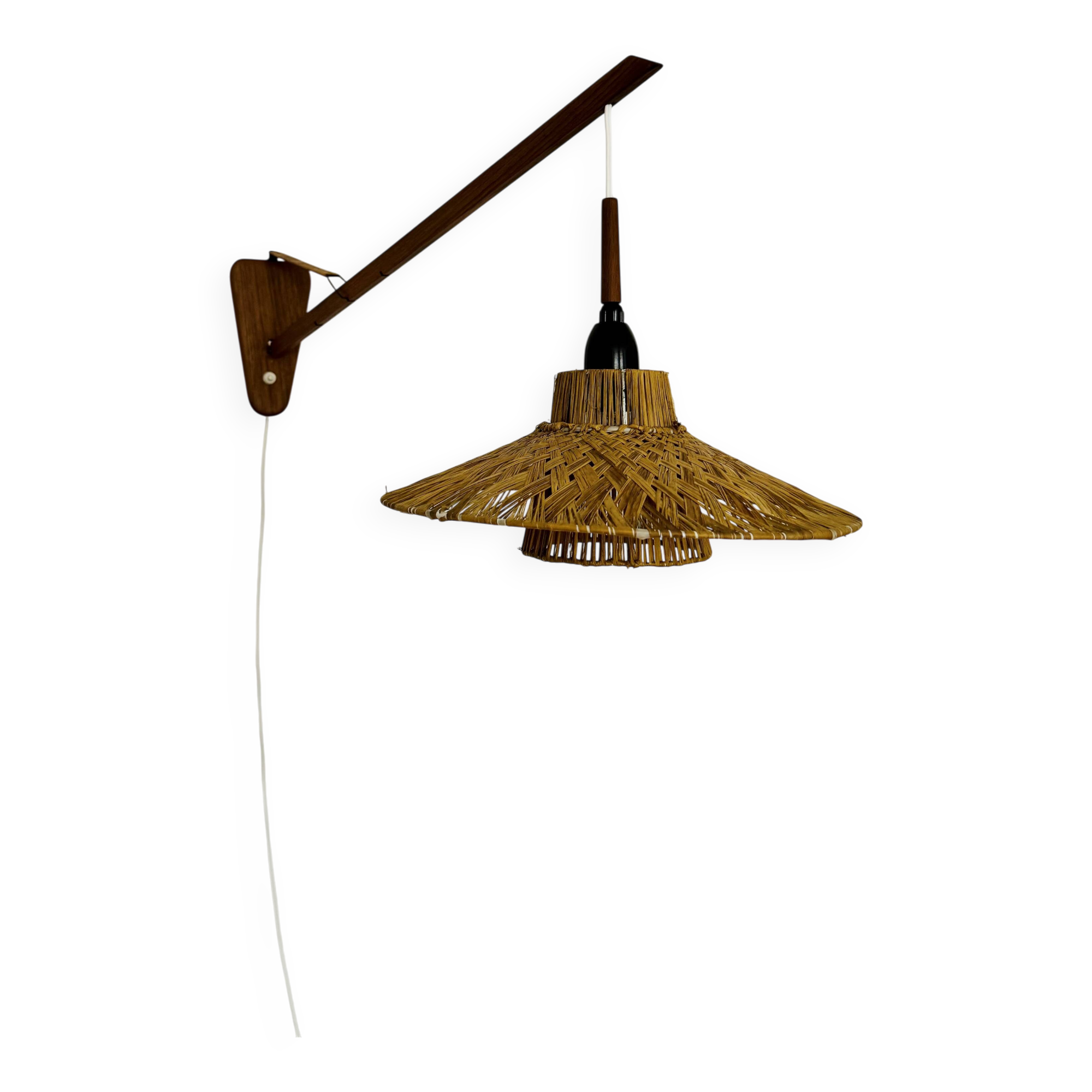 Lampe murale en teck et raffia ajustable
