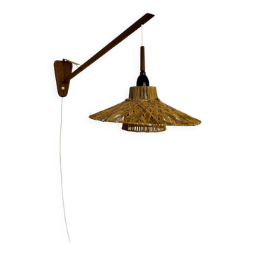 Lampe murale en teck et raffia ajustable