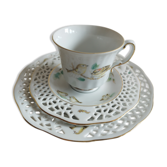 Porcelain cup and cake plate with bird decor