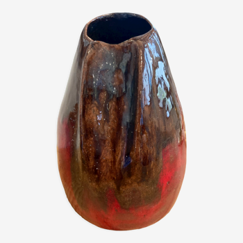 Vase en grès émaillé rouge & brun