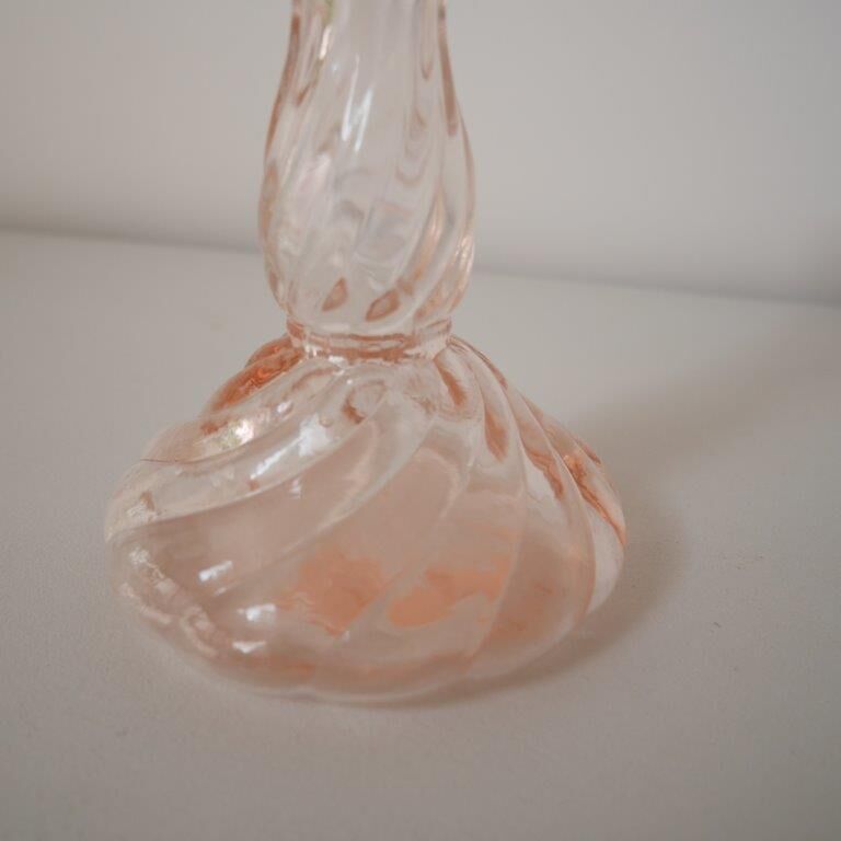 Pair of glass candle holders, pink and green