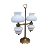 Table lamp, double lights, brass and opal globes, vintage, 50s