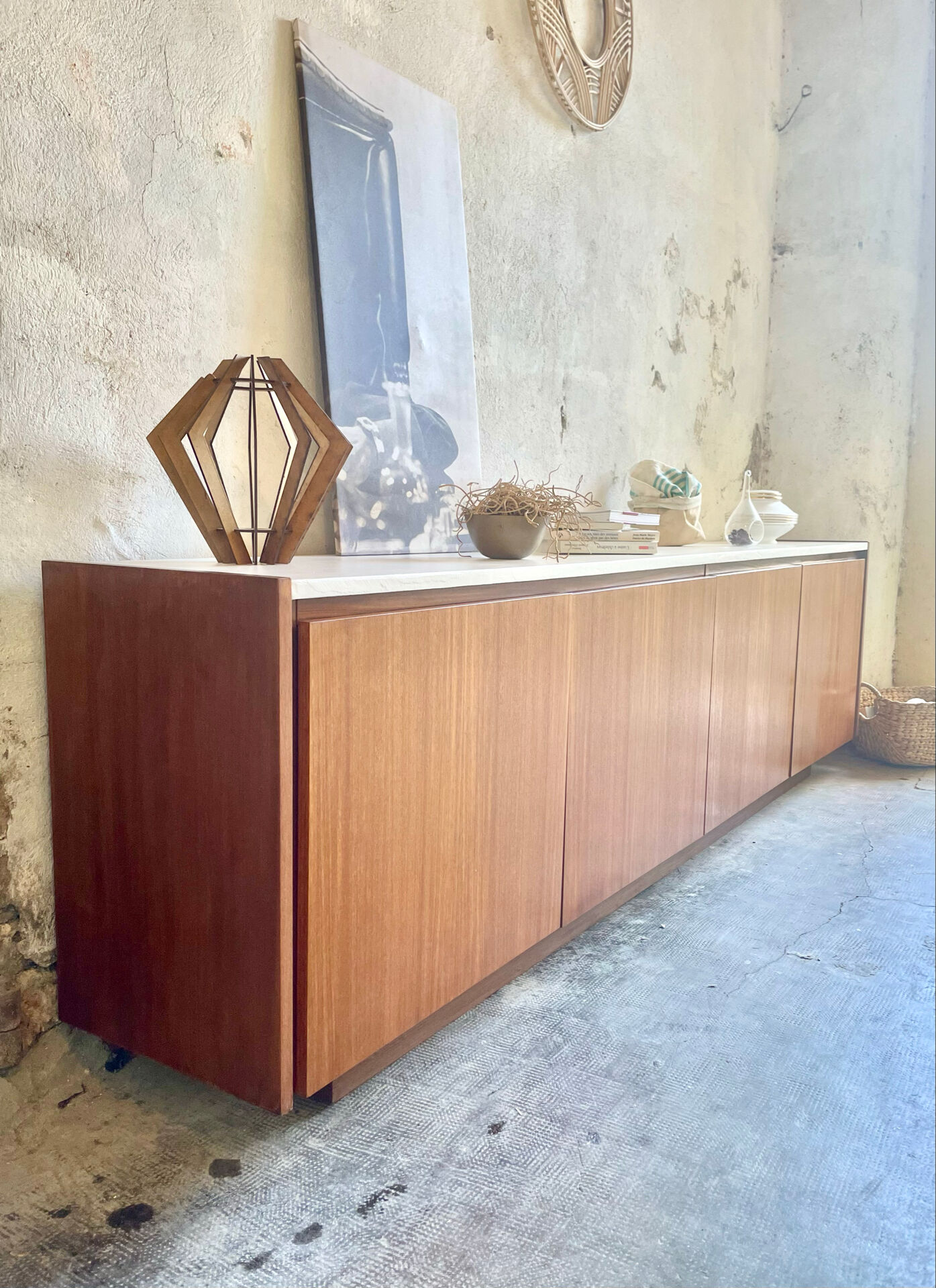 Large vintage sideboard 248 cm – wood & white mineral concrete top –
