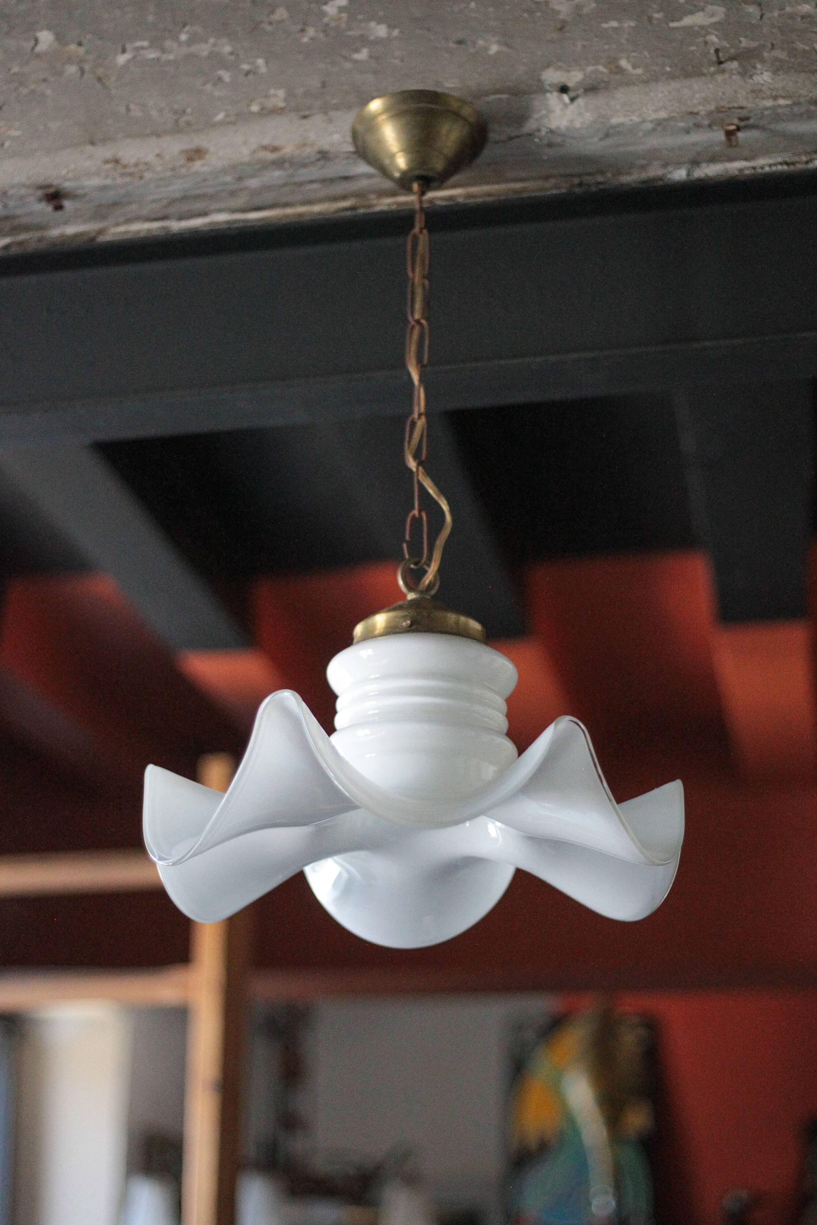 Vintage chandelier, white opaline chandelier and metal, opaline pendant, lamp