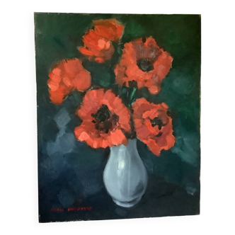 Large painting of a bouquet of flowers, oil on canvas, signed.